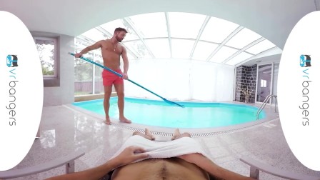VRBGay.com Hot Stud Logan Moore fucking at the pool side Gay VR PORN