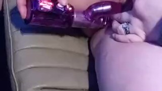 Naughty Nicole orgasms multiple times outfucking her toy in the car