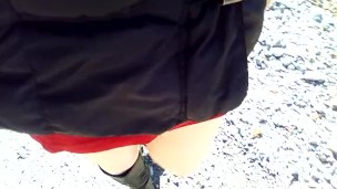 pee in the woods, red skirt without thong