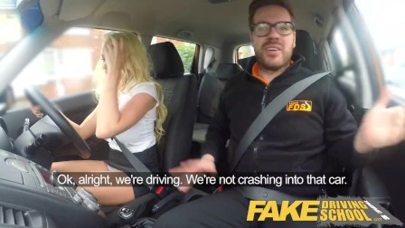 Fake Driving School Instructor has horny car fuck with busty blonde MILF