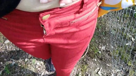 Pee on my new red jeans outdoor