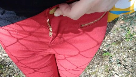 Pee on my new red jeans outdoor