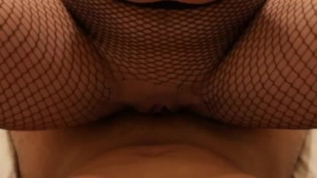 College teen in fishnets gets tight pussy fucked and filled with cum