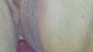 Black man puts sex toy in shaved fat white juicy pussy POV