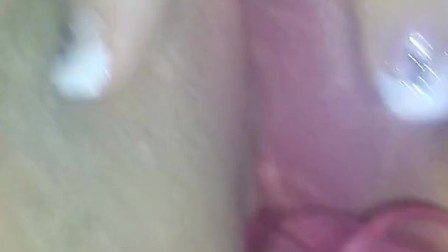 ebony man puts sex toy in shaved fat white juicy pussy POV