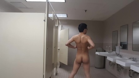 asian Twink Strips Naked in Public Bathroom
