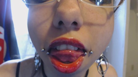 Tongue Teasing and Kissing Glass Dildo after Applying Sheer Pink Lip Gloss