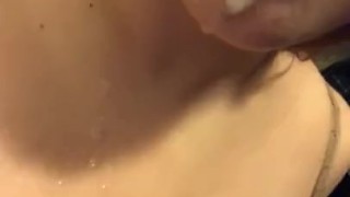 White Girl Takes Huge Load All Over Tits And Tongue