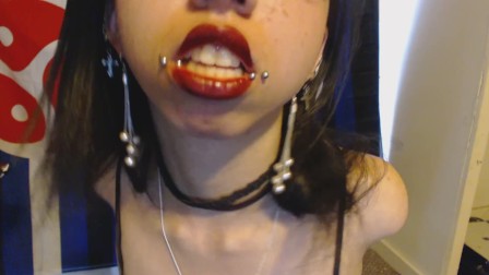 Goth with Red Lipstick Drools a Lot and Blows Spit Bubbles - Spit Fetish