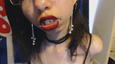 Goth with Red Lipstick Drools a Lot and Blows Spit Bubbles - Spit Fetish