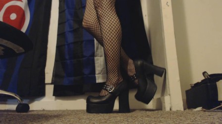 Goth in Fishnet Stockings Shakes her Hairy Ass in Heels