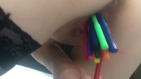 HOW MANY PENS CAN I FIT INSIDE MY TIGHT LITTLE PUSSY?Who counted?