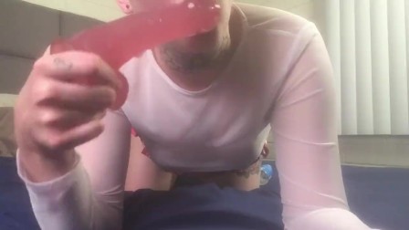 Amber covers dildo in spit pre anal