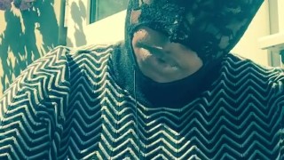 Masked ebony bbw smoking outside in back garden sucking vibrator in secret
