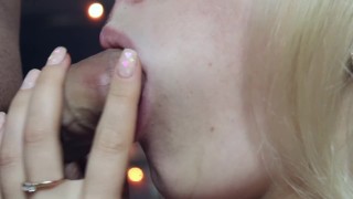 The blonde makes a beautiful slow Blowjob close up, cums on the face lickin