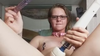 Collared college girl enjoys rough glass dildo and hitachi w/nipple clamps