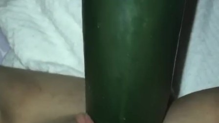 Lonely horny amateur has no toys for wet pussy, cums all over cucumber pt.1