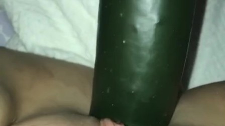 Lonely horny amateur has no toys for wet pussy, cums all over cucumber pt.1