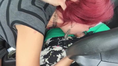 Sucking dick and toying pussy on freeway