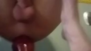 Riding and dripping from large bad dragon dildo