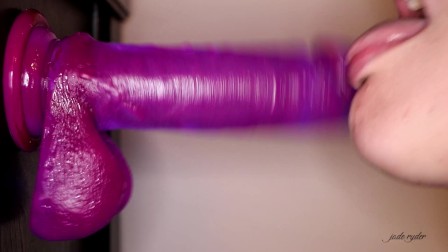 Milf gags on new purple dildo