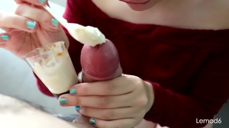 She can't resist to make explode cum on icecream Deep blowjob and Handjob