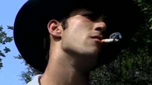 Lusty twink fuckers masturbate together and smoke outdoors