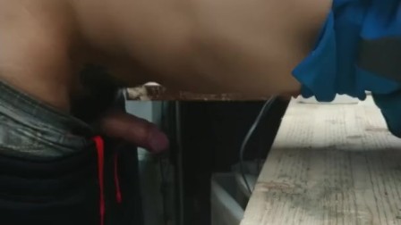 Colombian Twink Fucked Against Workbench & Cums When Ass Gets Whipped