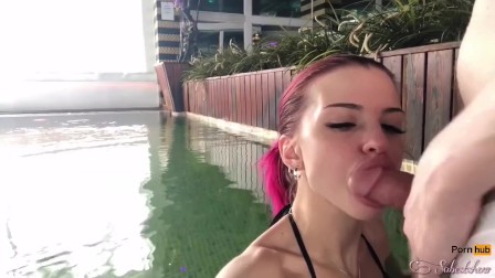 Pink-haired girl makes a blowjob in the pool-Freya Stein