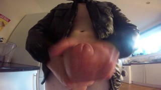 Cute Leather wearing kinkster jerks off and cums on cam