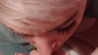 Wife turned on giving blowjob and getting facial