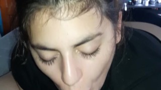 Mouth full of cum and she keeps going