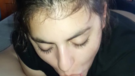 Mouth full of cum and she keeps going