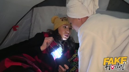 Fake Hostel Happy young camper seduced by big tits lesbian milf