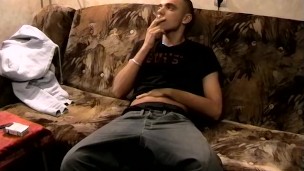 Chain smoking cutie Brad makes his monster cock launch cum