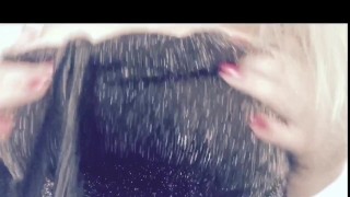 Curvy blonde striptease and fingering pussy