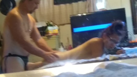 My man shoving a huge cock inside my little pussy