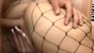 Busty blonde in fishnets fucked hard by a big cock and creampied