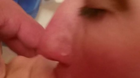 Sloppy shower blowjob with cum in mouth