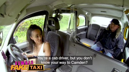 Female Fake Taxi Petite ebony cabbie with tiny shaven pussy fucks passenger