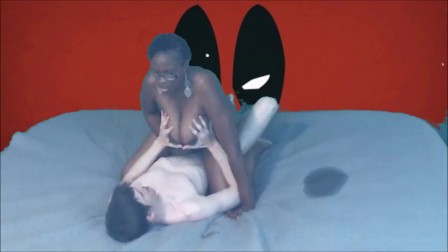 Ebony with amazing tits rides big nerdy white dick (preview vid)