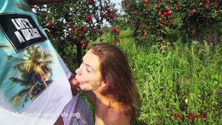 Slut Mia Bandini seduces and fucks a big man in an apple garden.
