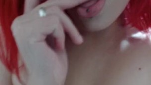 Redhead camgirl masturbating with big dildo