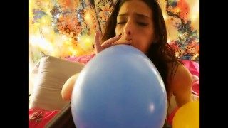 Sexy Brunette Blowing Balloons in Bed Wearing Thigh High Stockings FULLCLIP