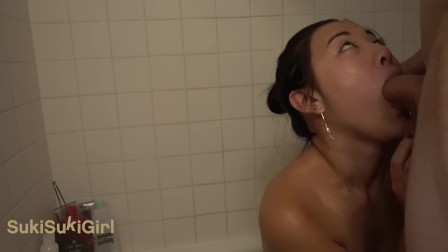 blowjob in the Shower WMAF asian sucks dick while he Drive's stick!