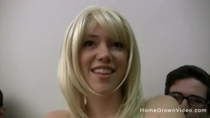 Hairy amateur blonde teen takes on two dicks