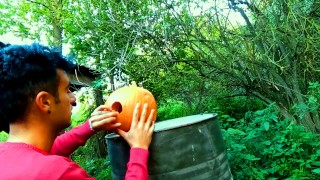 Twink is fucking a pumpkin and eating own creampie in the garden