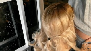 Hot blonde smokes on the balcony and sucks a dirty dick