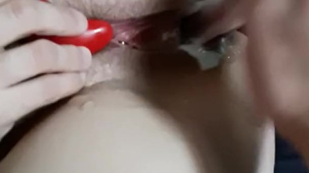 University student creamy squirt while parents make dinner.