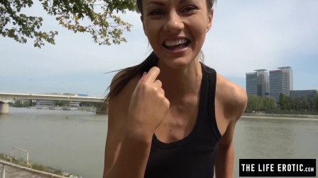 Cute jogger almost caught masturbating in a public park
